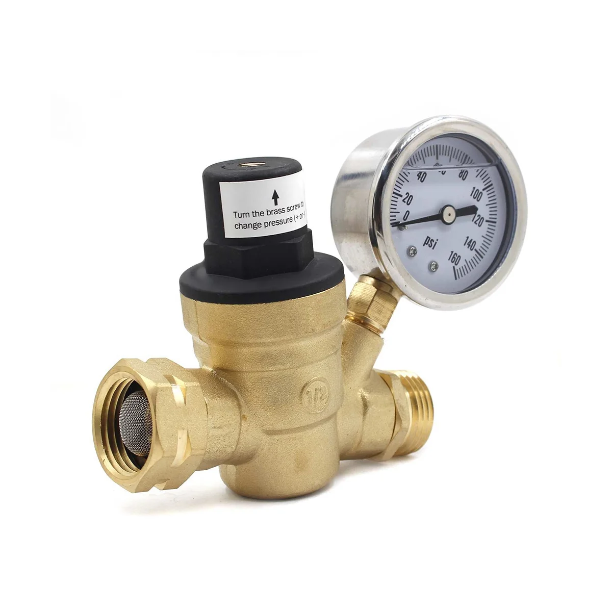 Adjustable Water Pressure Regulator RV Brass Water Pressure Reducer with Gauge and Inlet-Screened Filter