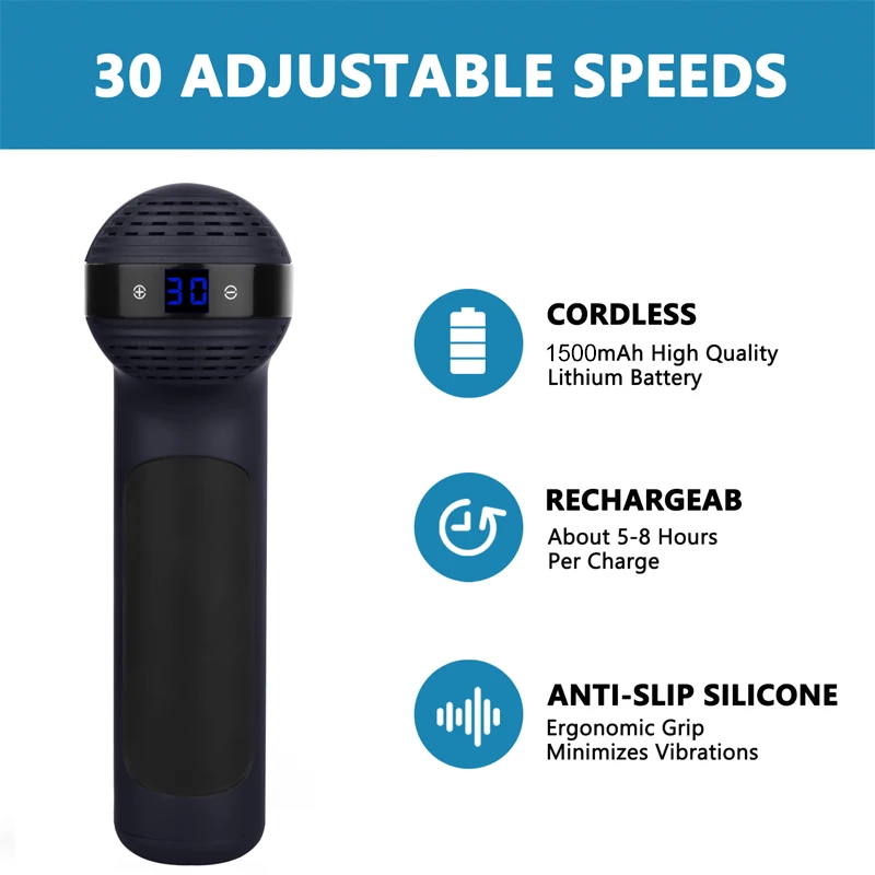 2025 يده 30 سرعة LCD تعمل باللمس جهاز الليفي العضلي مدلك مسدس الاهتزاز جهاز الليفي العضلي مع 8 رؤساء