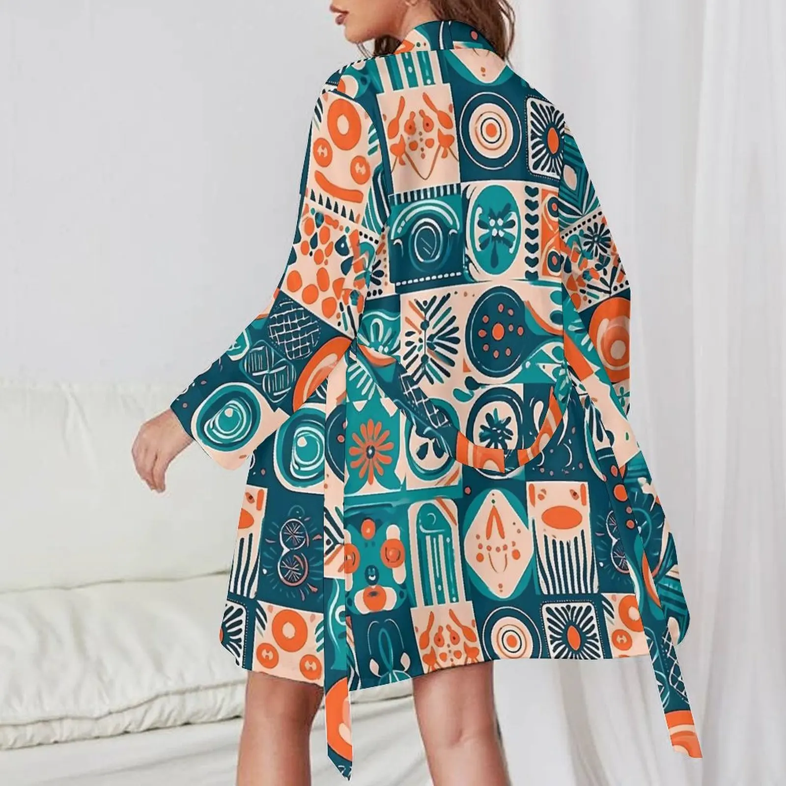 Ethnic Tribal Icon Pajama Robe V Neck Patchwrok Print Romantic Dresses Female Long-Sleeve Room Bathrobe Pattern Pajamas Robes