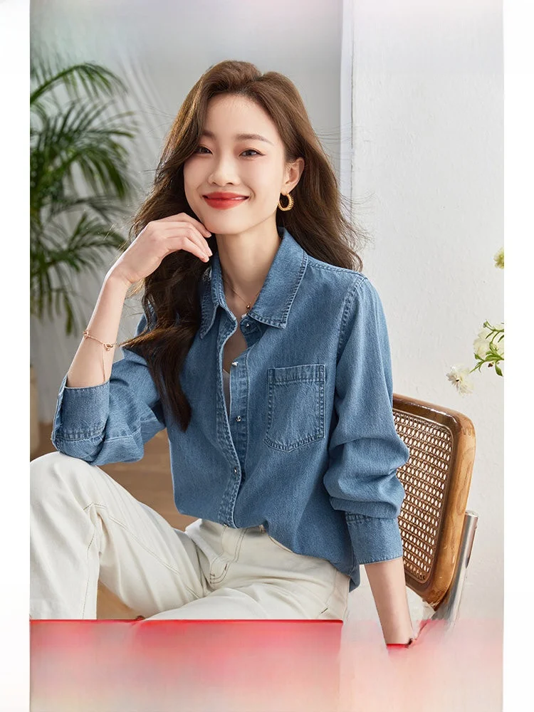 

Синяя винтажная джинсовая рубашка с длинным рукавом для женщин, новая весенняя модель, универсальный топ с отложным воротником, хлопковая рубашка для делового стиля