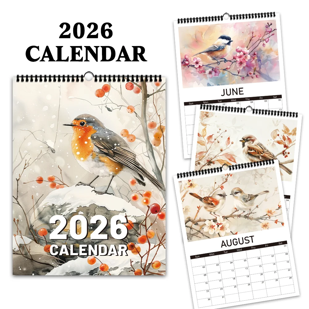 

1pc 2026 Wall Calendar, Vintage Watercolor Bird Design, 12 Beautiful Patterns, Perfect Gift for Birthdays, Christmas, New Year