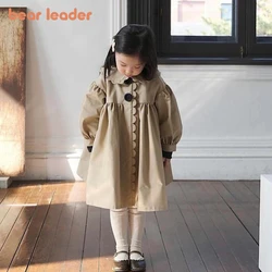 Bear Leader Korean Version Plain Casual Simple Dress Autumn New Khaki Long Sleeved Lapel Dress Cute Baby Girl Clothes 2-7 Years