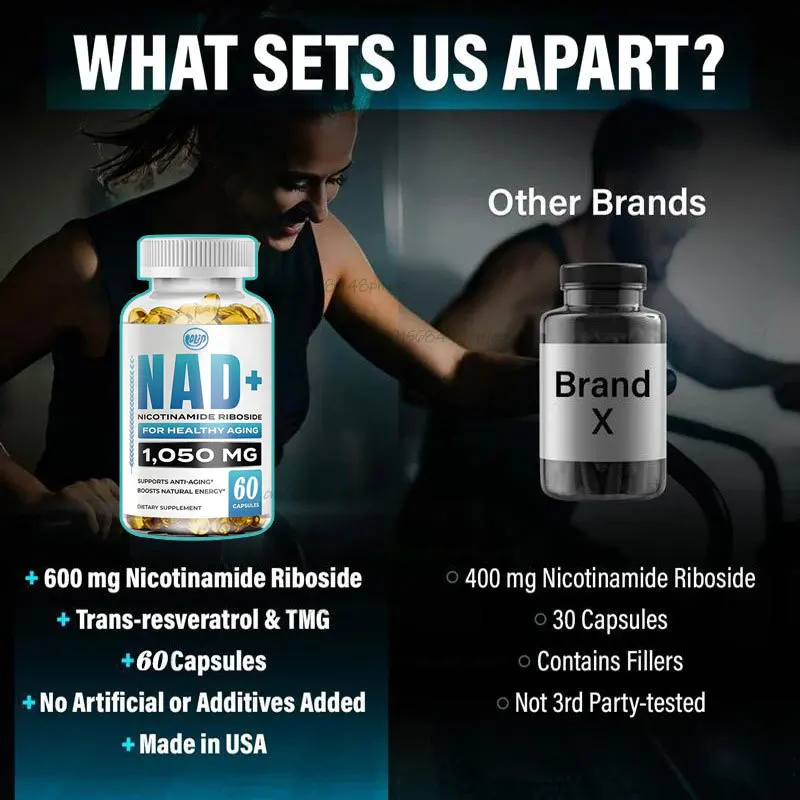 NAD supplement nicotinamide nucleoside containing trans resveratrol and TMG, supports cellular health,energy, and healthy aging