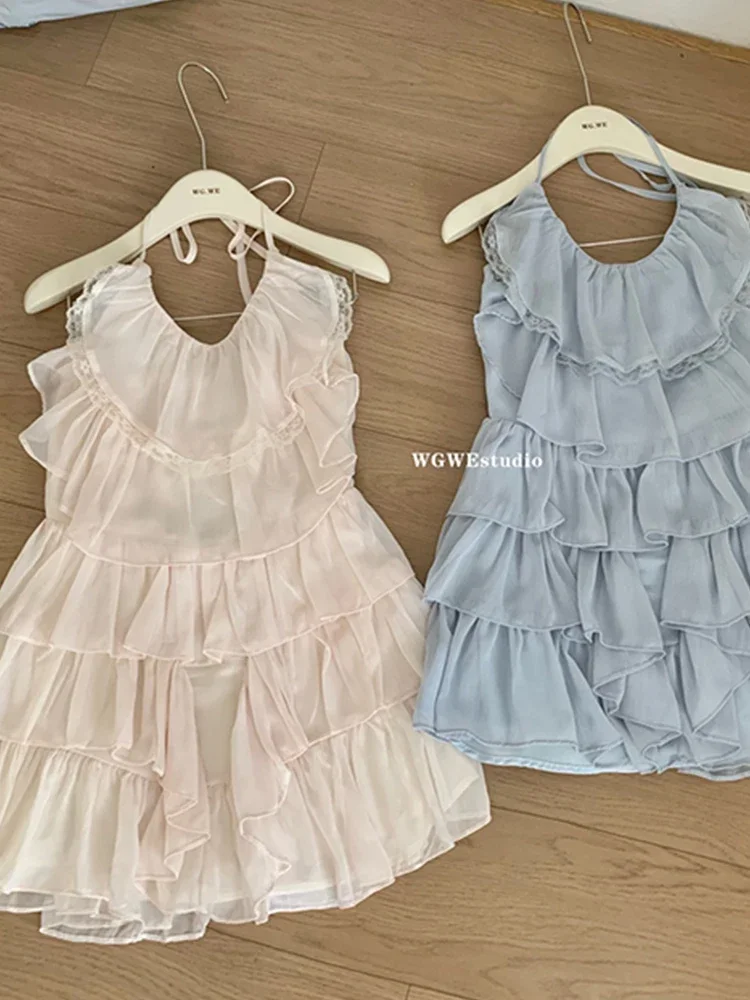 Summer Ballet Core Tierred Ruffles Sweet Gyaru Prom Gown Spaghetti Strap Mini Chiffon Dress Women Evening Frocks One-Piece Party