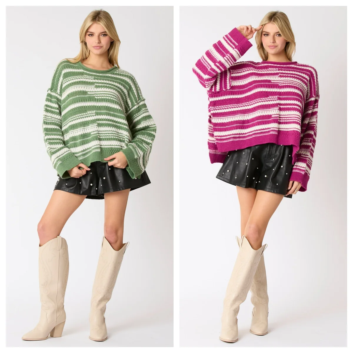 Women's Pullover Knitted Sweater with Two Tone Striped Round Neck