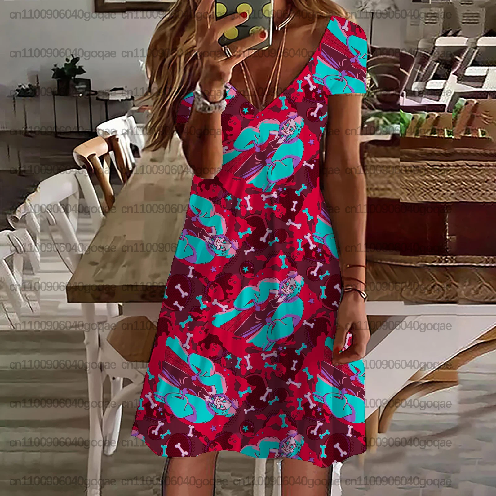 New Summer Women's Dress/T-shirt with Sleeping Devil Print, V-neck, Short Sleeve, Casual Travel Beach Style Dress, Simple Style