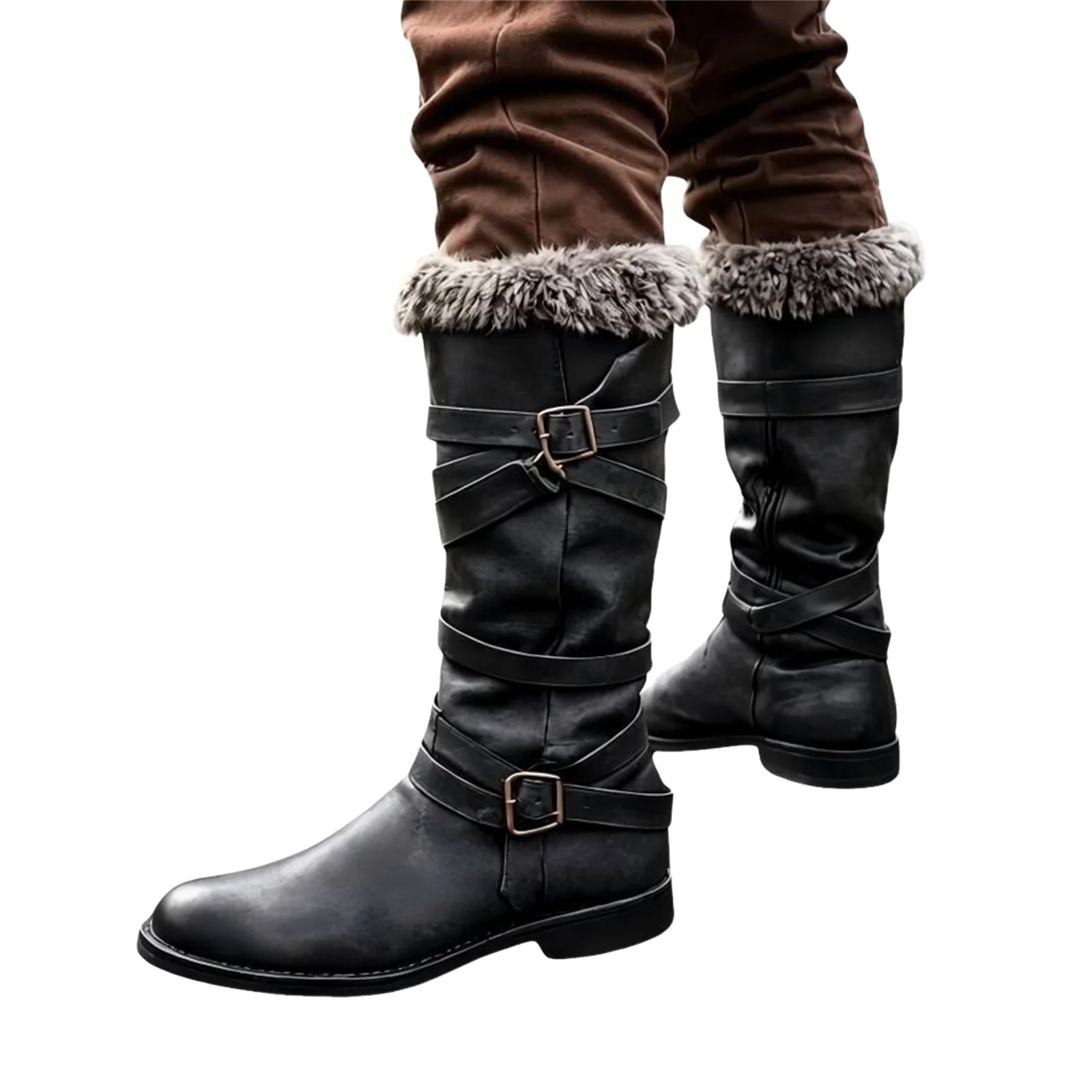 Men Nordic Barbarian Boots Viking Warrior Fur Trim Leather Boots Knee High Multi Buckle Renaissance LARP Cosplay Footwear