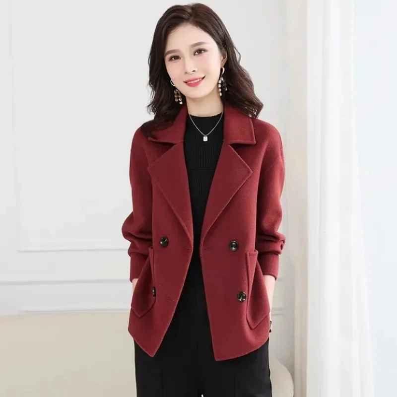 Drop Shoulder mantel wol buatan tangan longgar 2021 wanita musim gugur musim dingin dua sisi Cocoon mantel pendek wol ukuran besar warna Solid