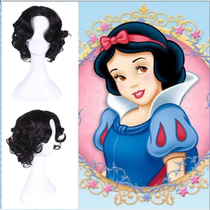 Anime Snow White Princess Wig Body Wave Hair Heat Resistant Synthetic Costume Wigs Short Black Cosplay Child