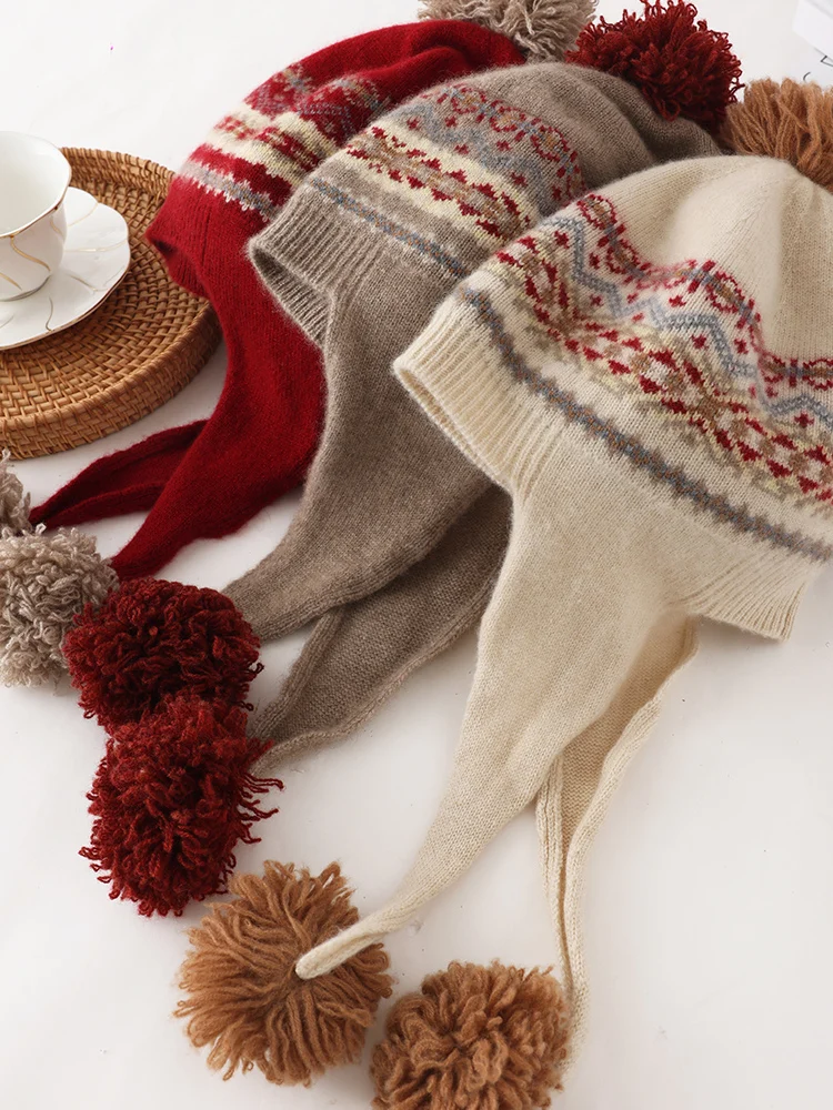 Retro Warm Hats 100% Cashmere Women's Hats Children Teenagers Cap Winter Earflap Hats Jacquard Earmuffs Knit Ski Outdoor Beanies