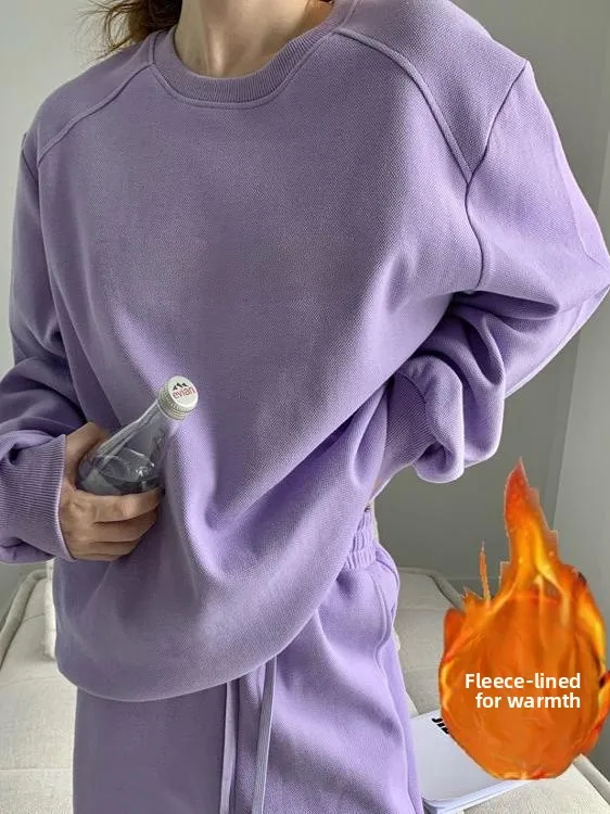 مجموعة ملابس رياضية غير رسمية من الصوف السميك للنساء للخريف والشتاء، سويت شيرت فضفاض للتخسيس على الطراز الكوري، بدلة جري من ق...