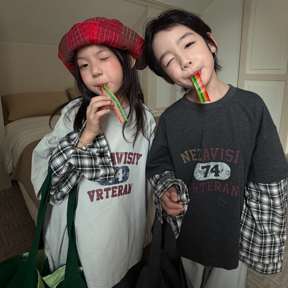 Boys T-shirt 2026 Spring and Autumn New Children's Clothing Korean Style Boys and Girls Casual False Two Letter Check T-shirt