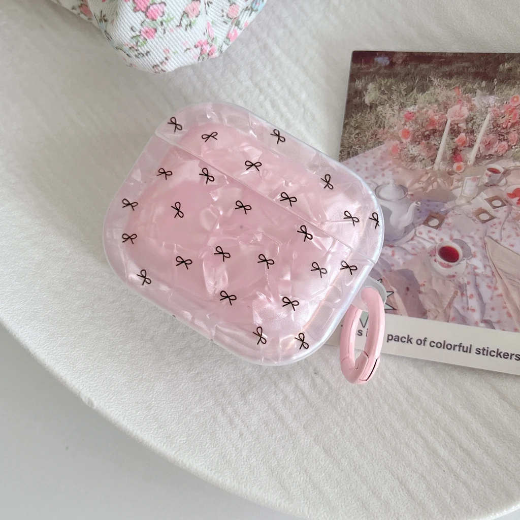 Energetic Sweet Pink Shell Pattern Bowknot With Hook Shock Proof Earphone Cover Case for AirPods 1 or 2 3 4 Pro 2 Pro 3