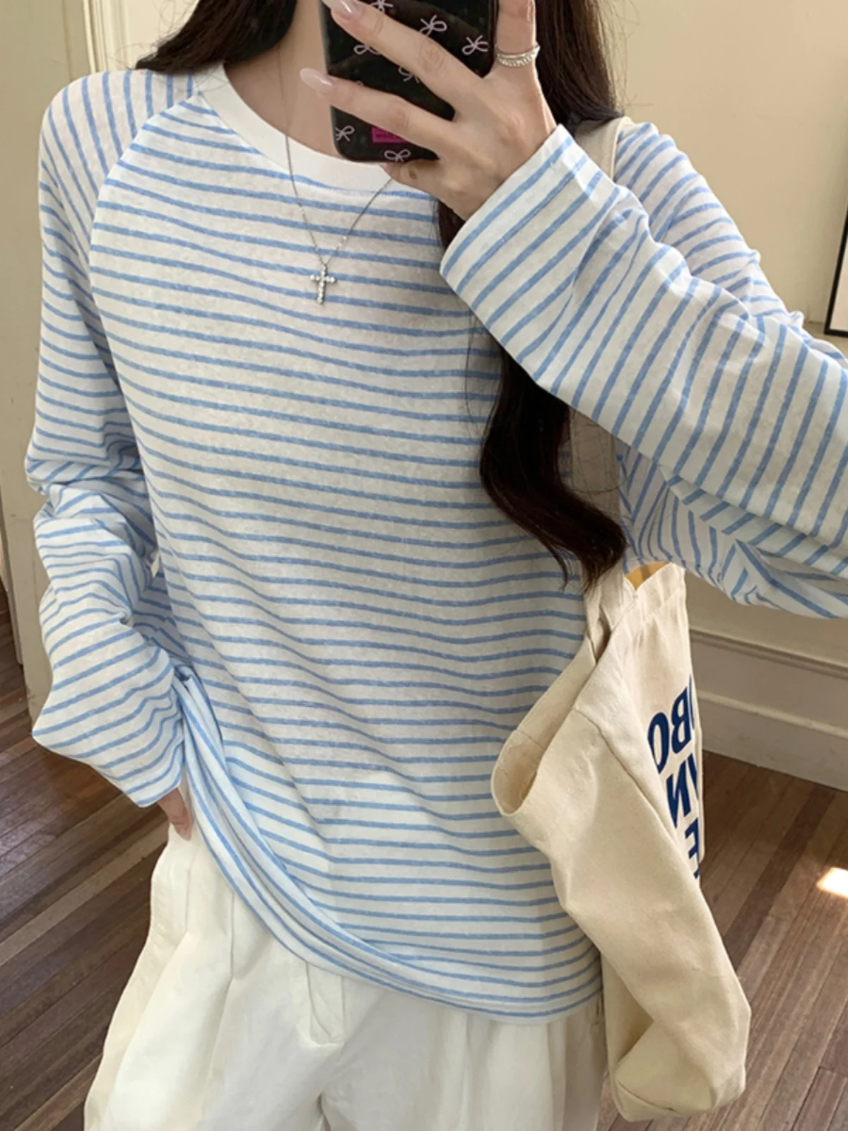 Summer Design Loose Ice Silk Long Sve round Ne Stripe Pattern Thin Sun Protection T-irt Top Versatile Cover up for Women