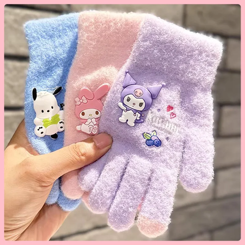 Kawaii Sanrio Gloves Kuromi My Melody Cold-Proof Winter Finger Gloves Plush Screen Touch Warm Children Toddler Christmas Gifts