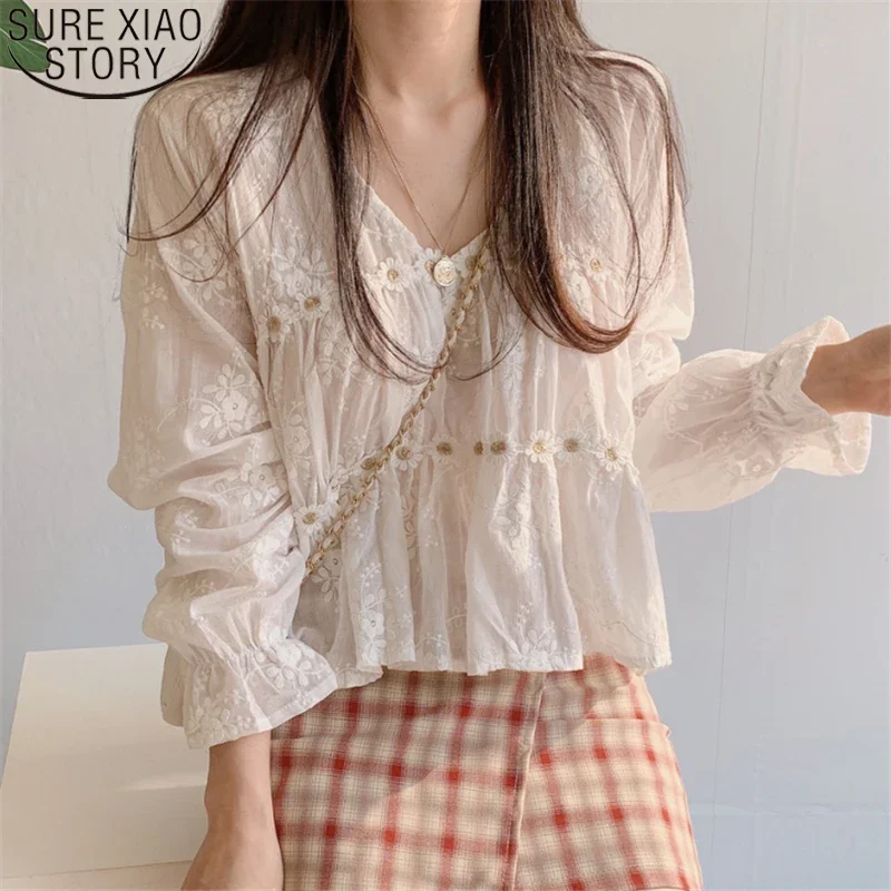 2024 New Summer Lace Women Blouse Floral Shirt V-neck Elegant Flare Sleeve Ladies Tops Spring Sweet White Blusas 13037