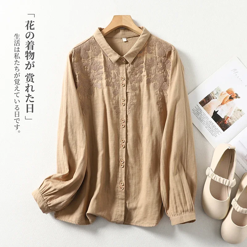 Embroidery Chinese Style Blouses Summer Vintage Women's Shirts Long Sleeve Cotton Linen Clothing Loose Women Top 2024 Korean