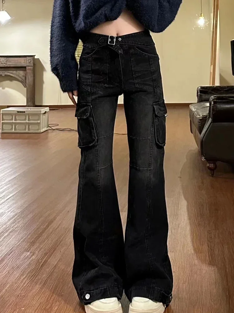 

American Retro Women's Black Flare Jeans High Street Office Lady Slim Bell Bottoms with Multiple Pockets Fashion Denim Clothing