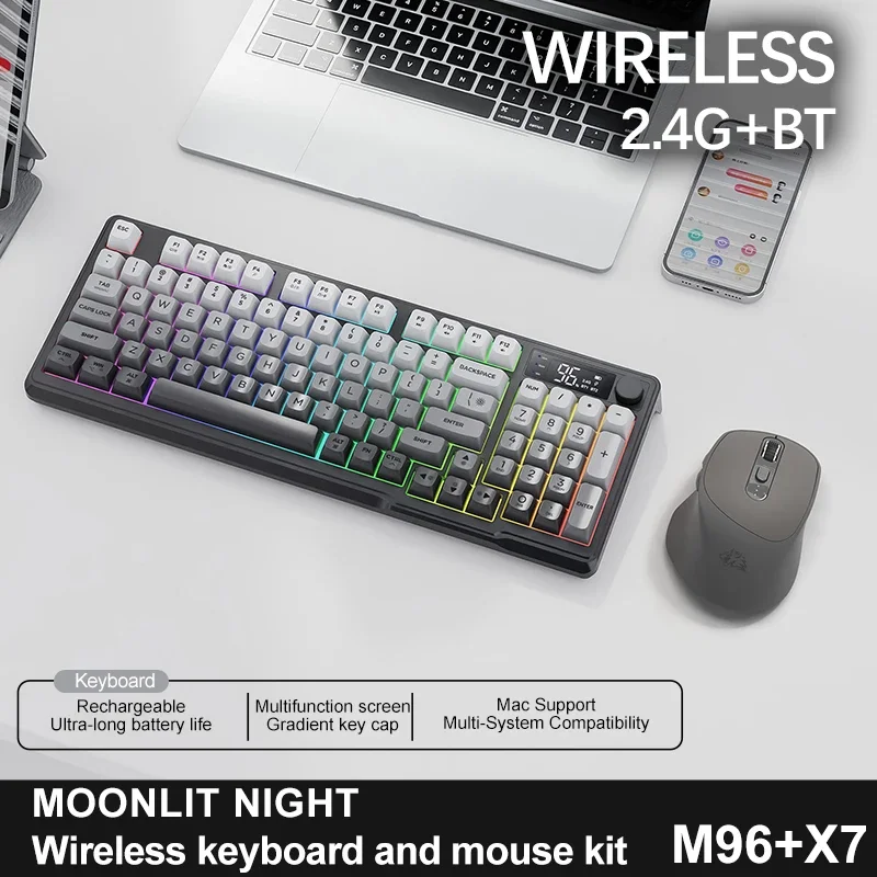 M96 Wireless Keyboard and Mouse Combo, Bluetooth&2.4G, Smart Screen, 96 Keys, RGB, Silent Keyboard Mouse Set