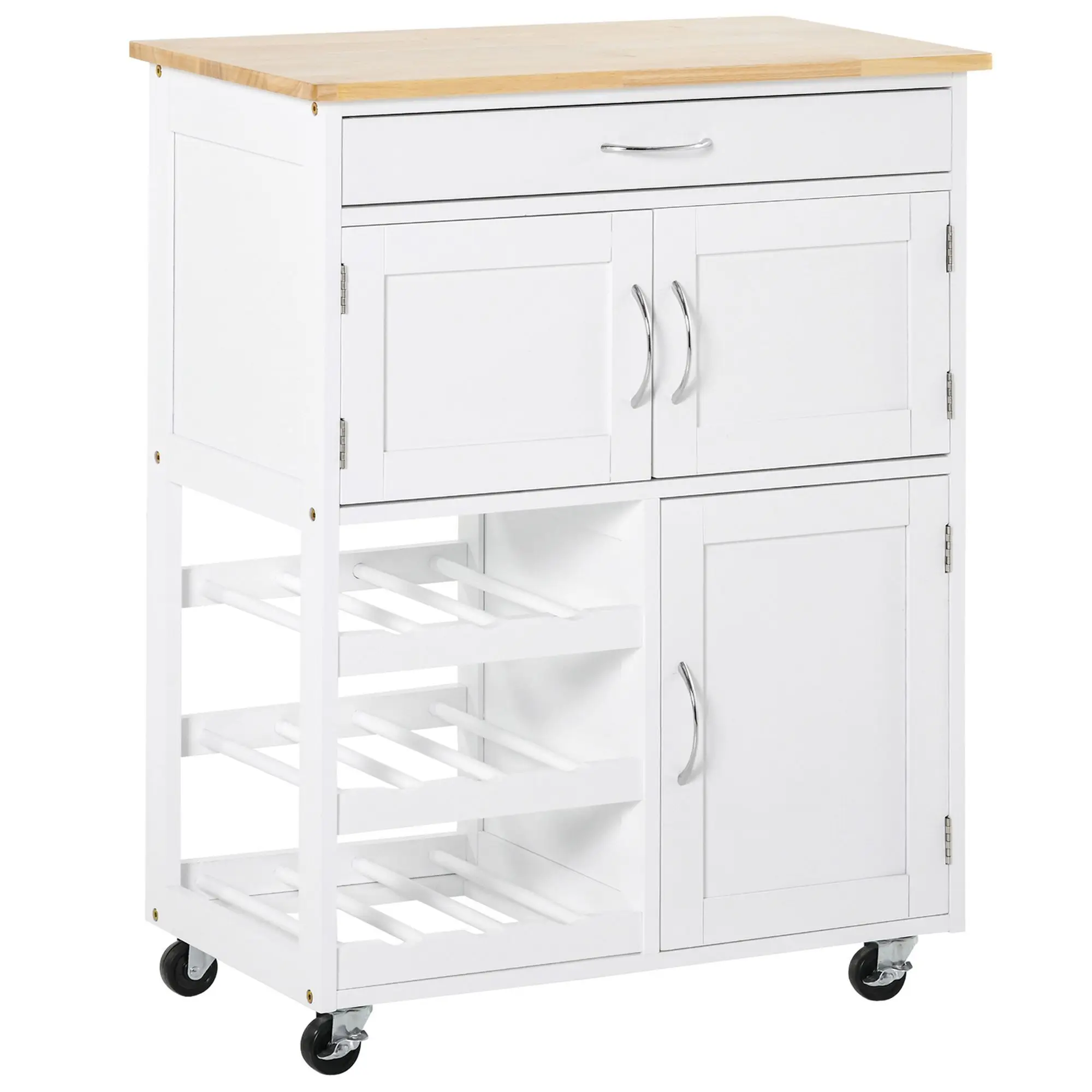 HOMCOM Carro de cocina con ruedas, blanco, isla con cajón de almacenamiento, estante para vino de 9 botellas, gabinetes con puertas, encimera de madera