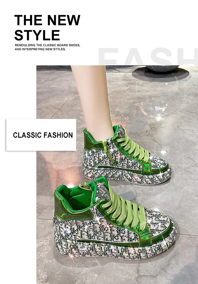 Women's Full Diamond Platform Sneakers Personalized Water Diamond Colored Embroidery Casual Shoes High Top Luxury Sports Shoes