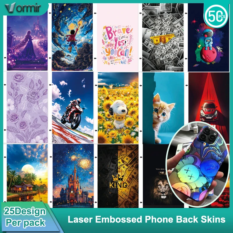 VORMIR 50pcs 3D Laser Litmus Mica Phone Skin Back Stickers Cellphone Decorative Film for Any Sreen Protector Cutting Machine
