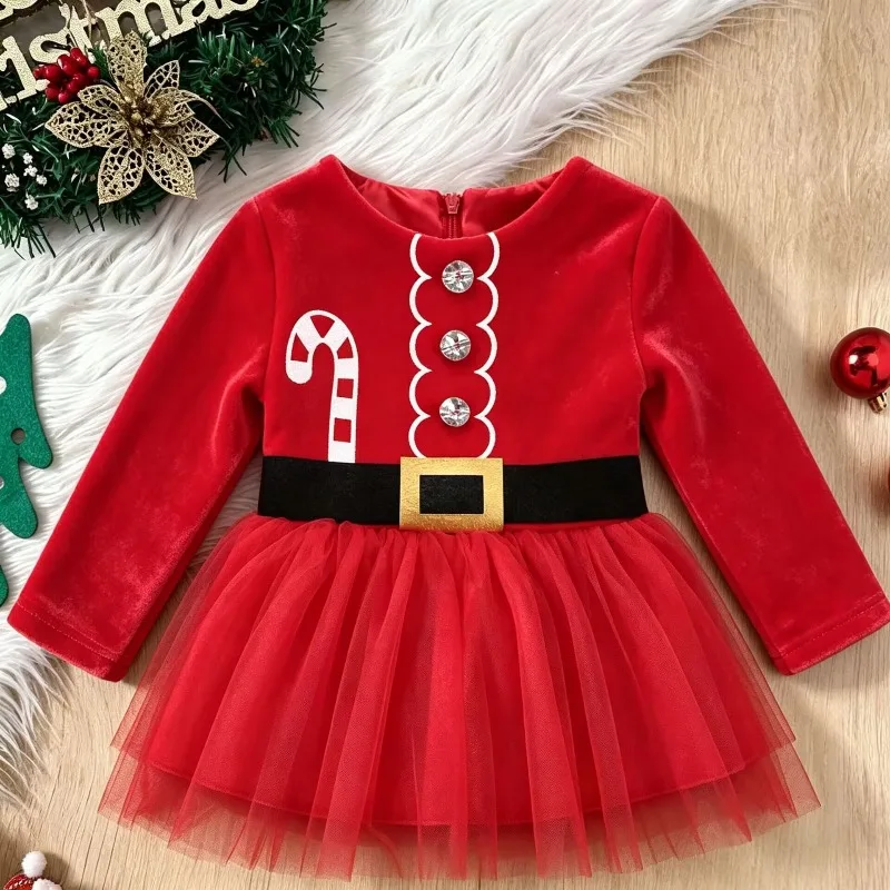 Newborn Baby Girls Christmas Romper Dress Red Velvet Candy Cane Print Black Belt Gold Buckle Tulle Skirt Costume 0 24M