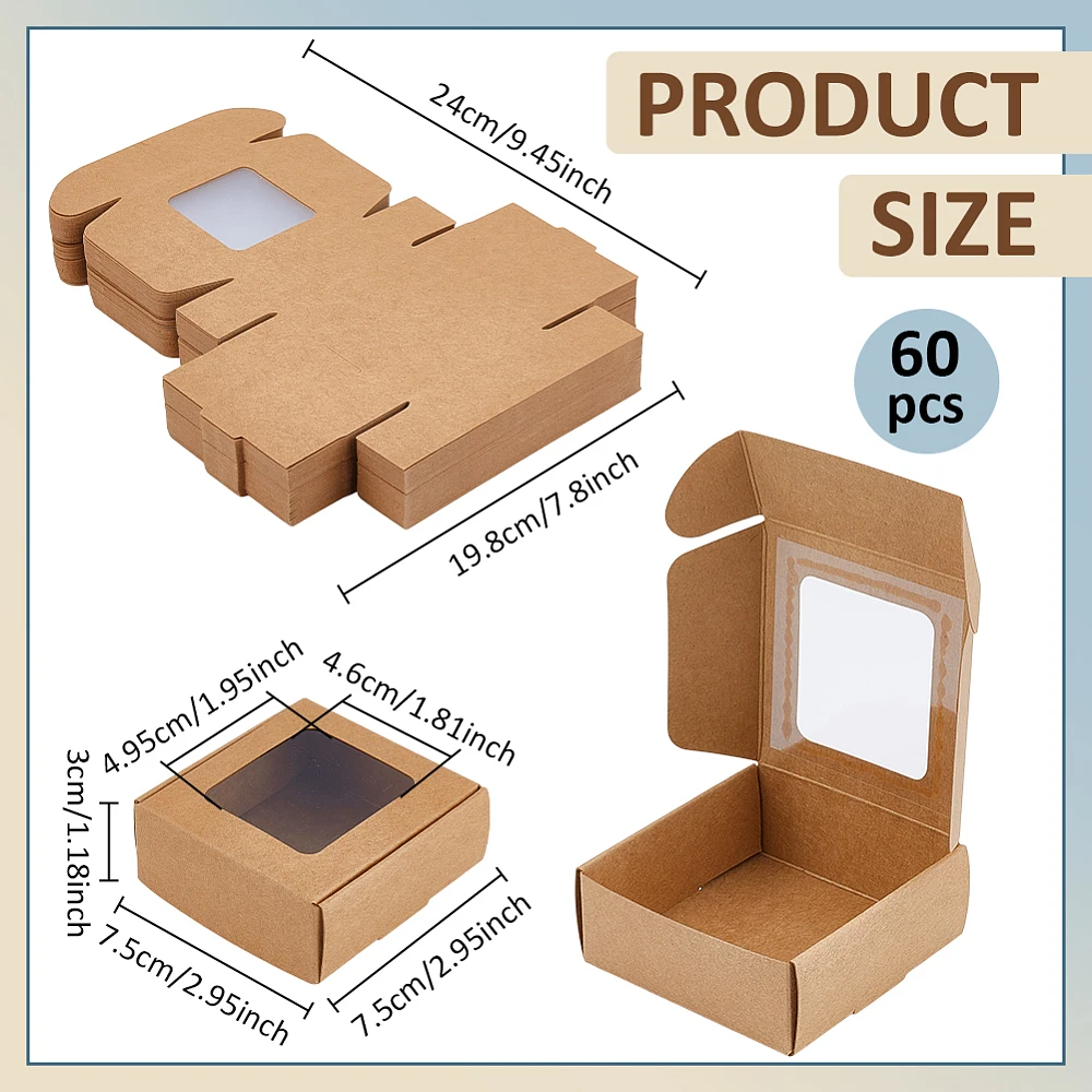 60 Pack Square Clear Window Box Brown Kraft Paper Container Party Favor Packaging Boxes 3x3x1.2inch Foldable Design with Visible