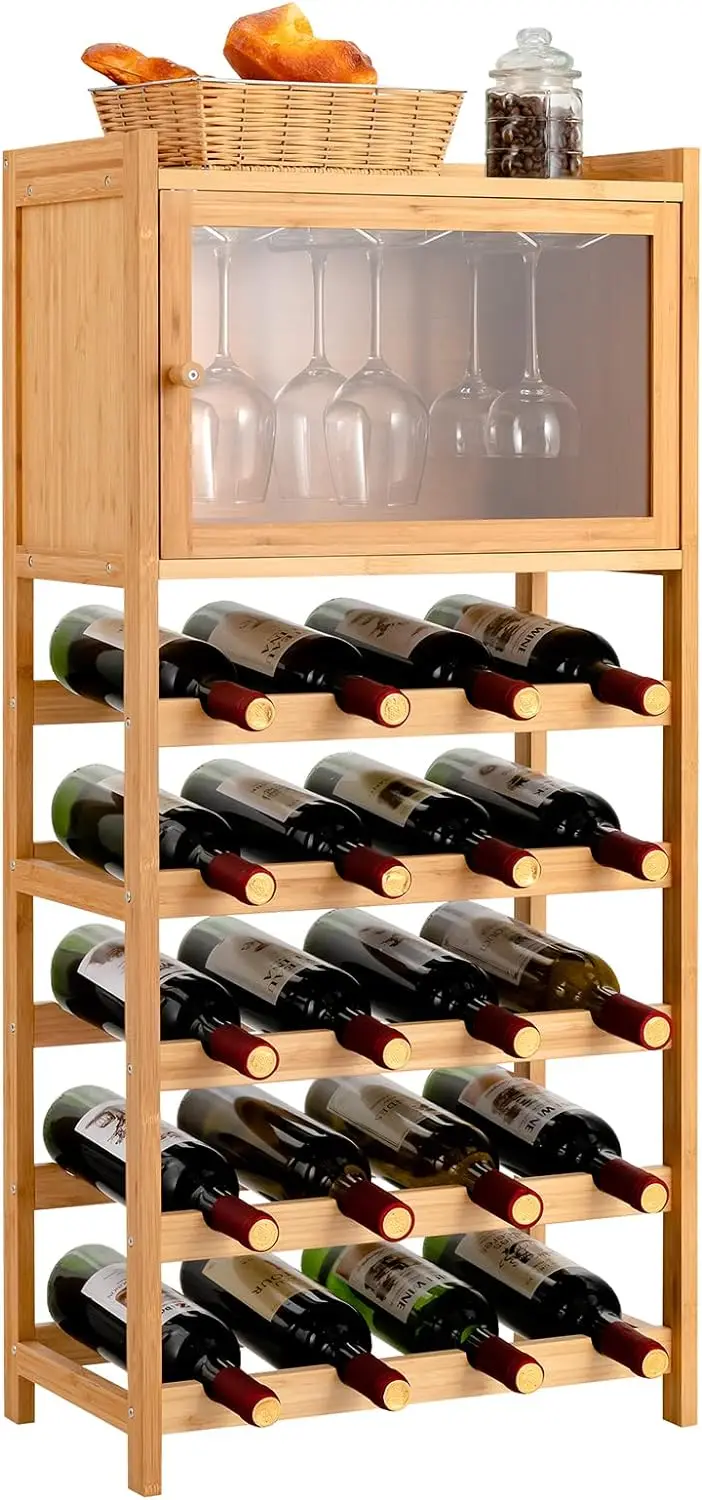 Cómoda estantería de bambú para vino, organizador independiente para botellas de vino con soporte para vidrio y mesa grande, 20 botellas