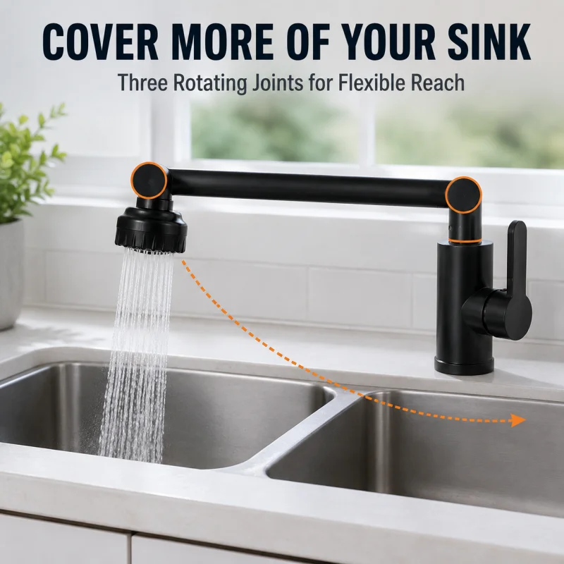 Matte Black 360° Rotating Kitchen Sink Faucet, 3 Joint Foldable Single Lever Water Tap for Home Kitchen Basin