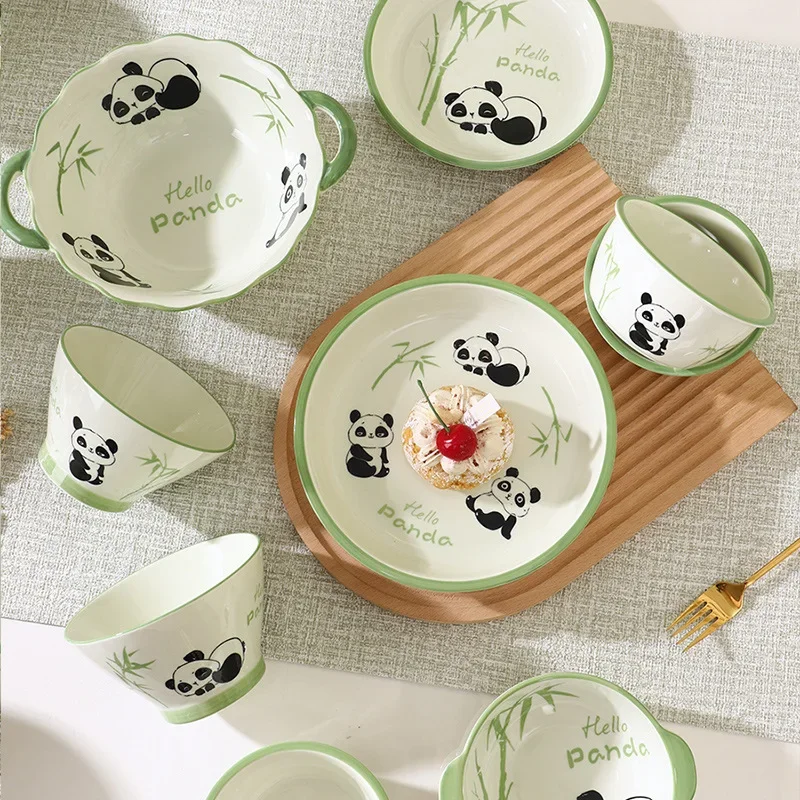 Panda Children\'s Ceramic Rice Bowl Cute Household Soup Bowl Baking Dish Creative Gift Tableware Plate Set