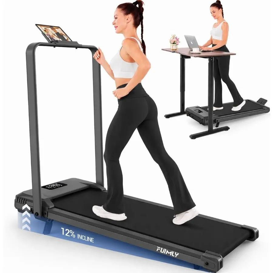Under Desk Walking Pad Folding Treadmill for Home/Office/Gym: Steel Frame, Black, 12/15 Incline, Shock Absorption, 300+lb Capac
