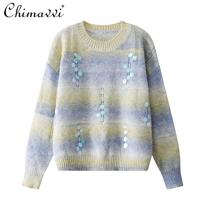 Korean Fashion Lazy Style Sequins Gradient Color Round Neck Long Sleeves Loose Casual Knitted Sweater Pullover Women Autumn