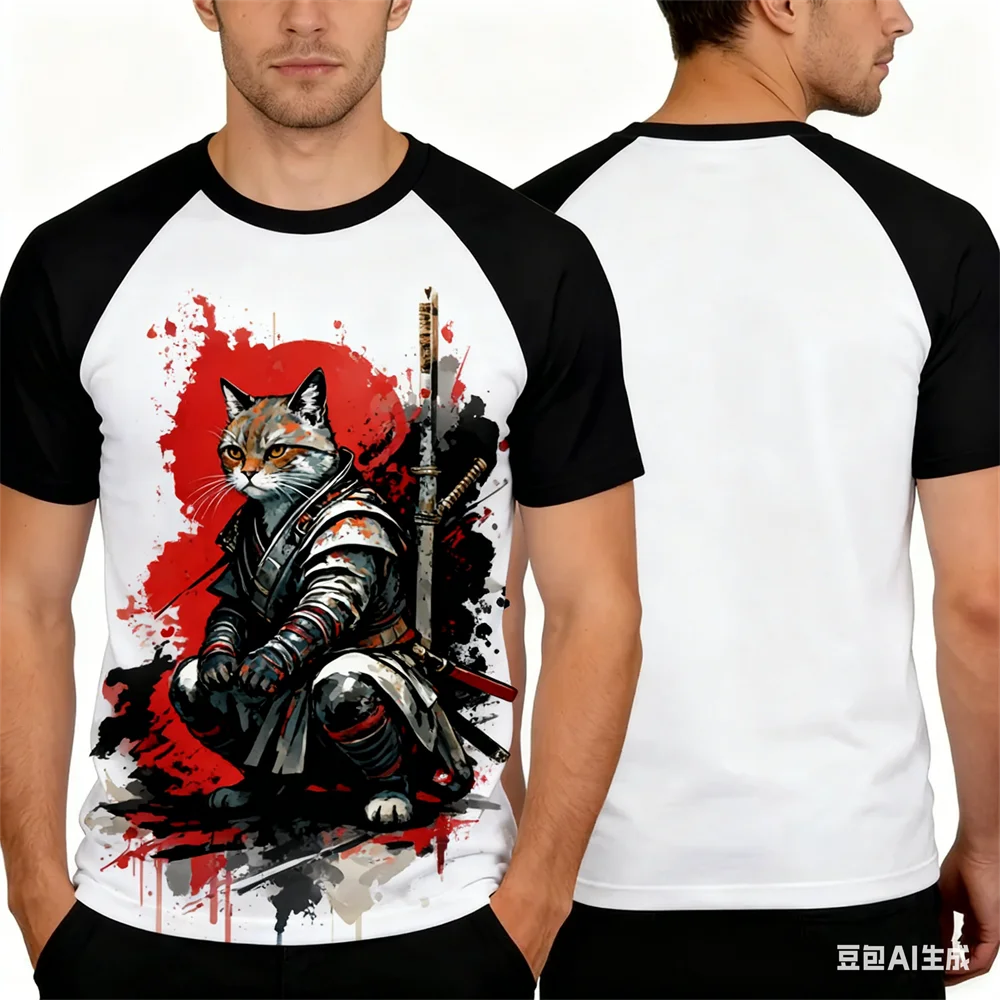

Dazzling Cool Samurai Cat Print Pattern Men's T-shirt Loose Leisure O-Neck Short Sleeve Tee Daily Street Quick Dry Pullover Tops