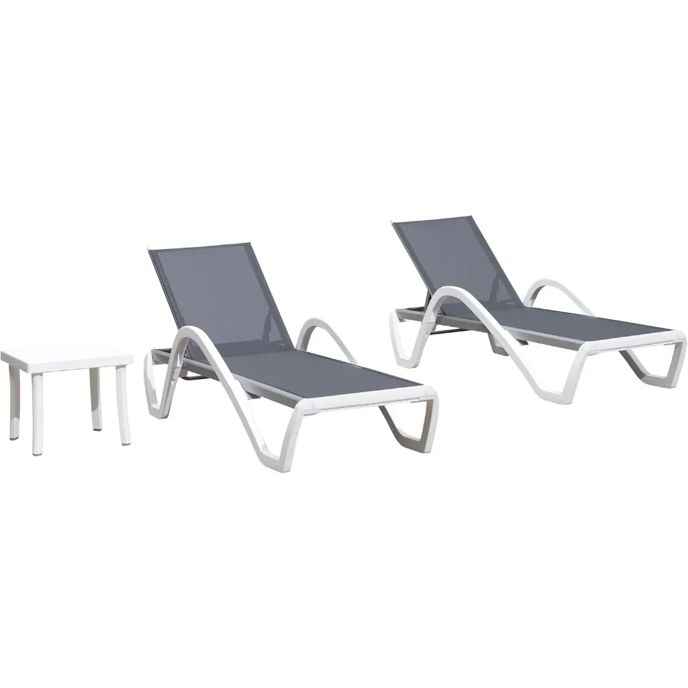 

Patio Chaise Lounge Chair Set of 3 Outside Aluminum Plastic Stackable Tanning Chairs with Armrests and Side Table for Pool Sunb