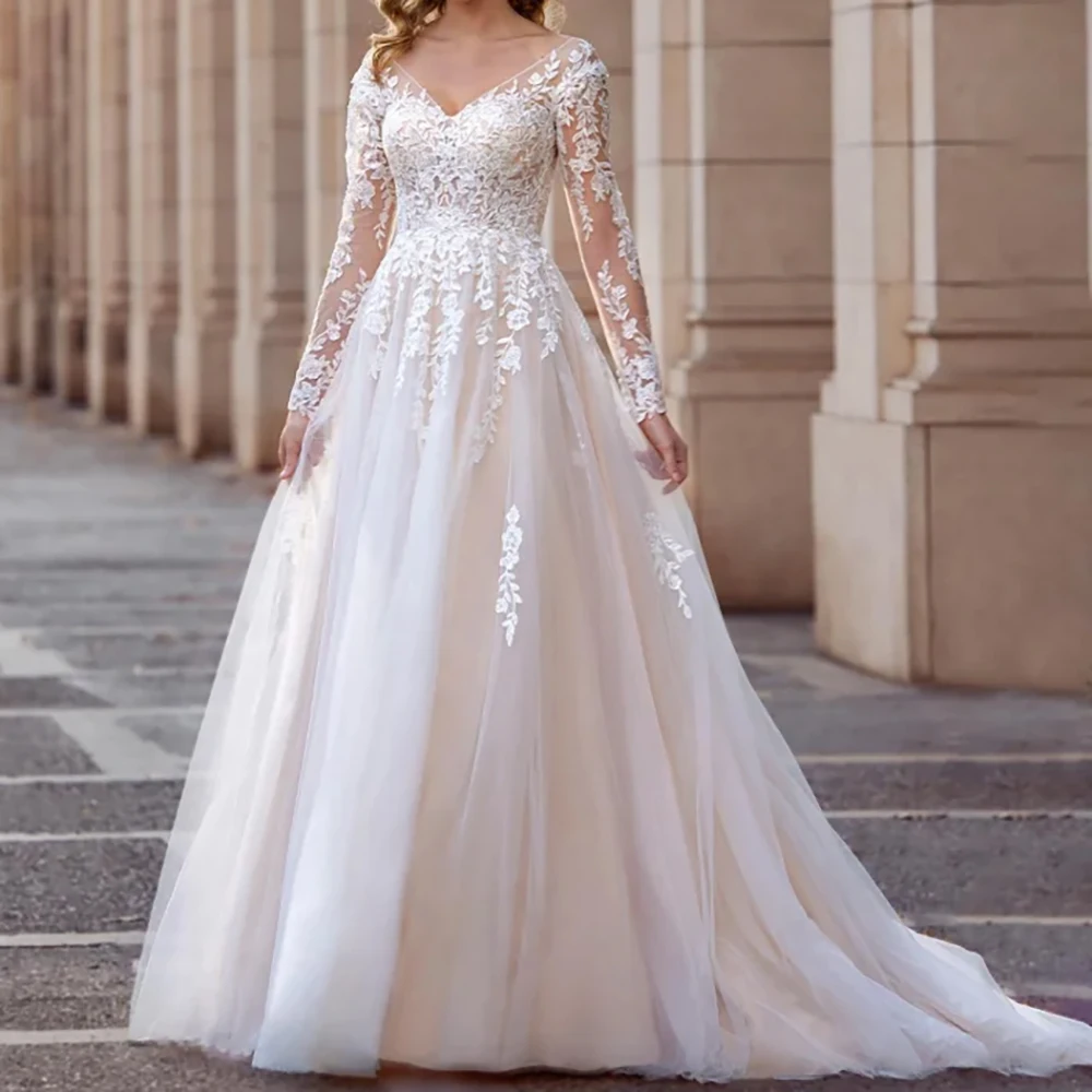 

V-Neck Wedding Dress For Women Plus Size Lace A-Line Long Sleeve White Appliques Open Back Court Train Bridal Gown Customized