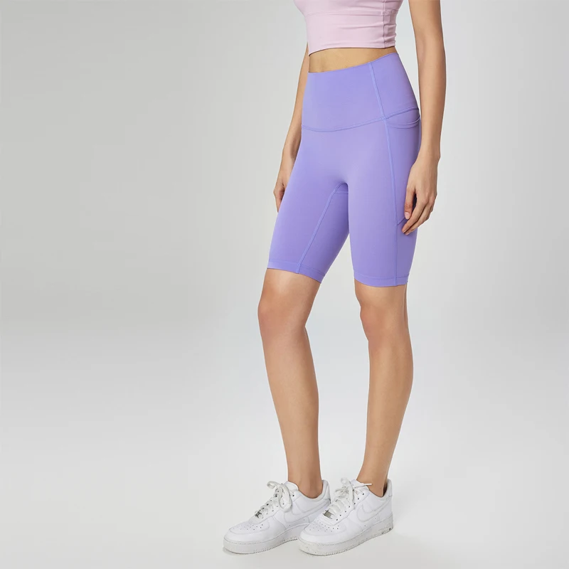 New Women\'s Slimming Super High Waist Fitness Sports Tights with Curved Side Pockets for Hip Lifting Peach Yoga Shorts