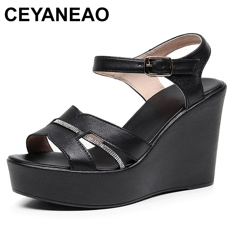 

Rhinestone Soft Leather Platform Wedges Sandals Women 2024 Summer High Heels Shoes for Office Beach Mom