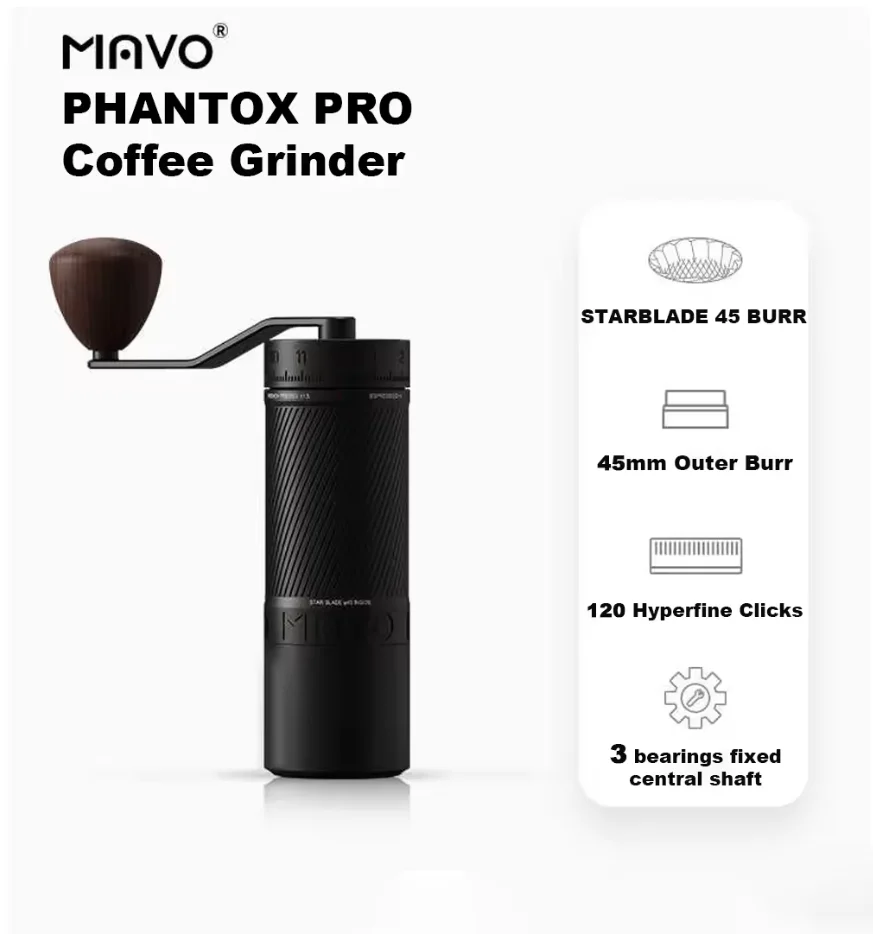 MAVO PHANTOX PRO Manuelle Kaffeemühle, 45 mm Grat / 120 Klicks / 3 Lager, Befestigung der Zentralwelle / Handkurbel-Kaffeebohnenmühle