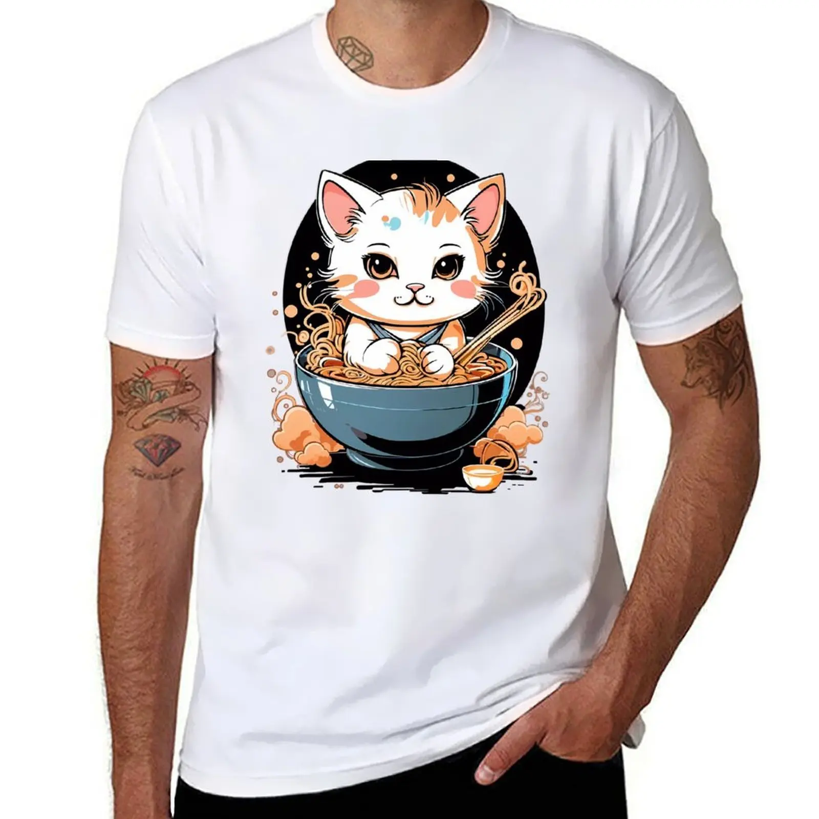

A kawaii cat eating ramen T-Shirt printed t shirts for man man t shirt cotton T-Shirt