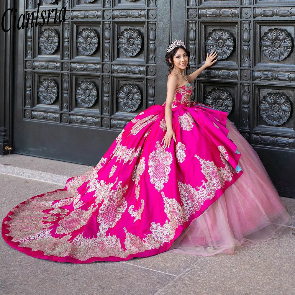 Vestido De baile De princesa rosa con cuentas De cristal, quinceañera, apliques dorados, corsé con volantes De encaje, 15 Años