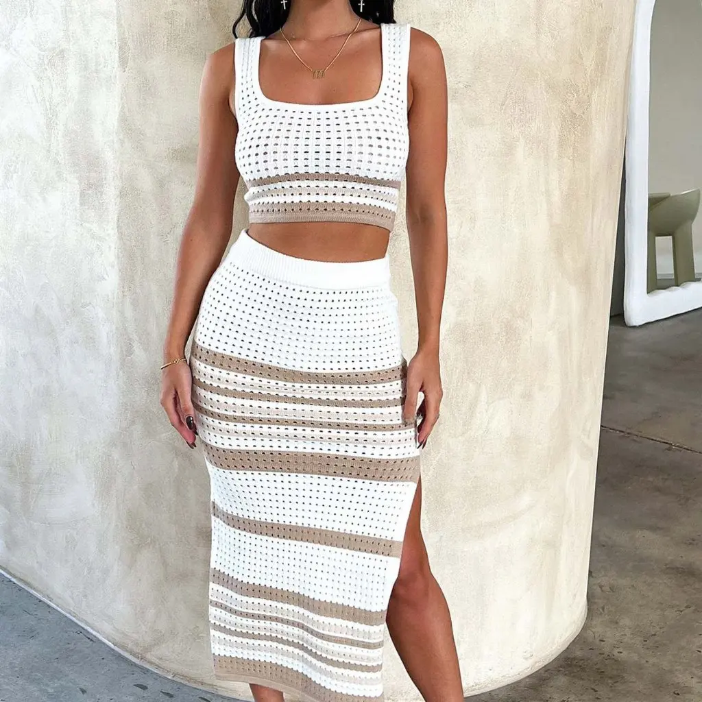 European And American Women's Summer Sleeveless Vest And Split Striped Skirt Knitted Suit Sexy Casual Ensemble