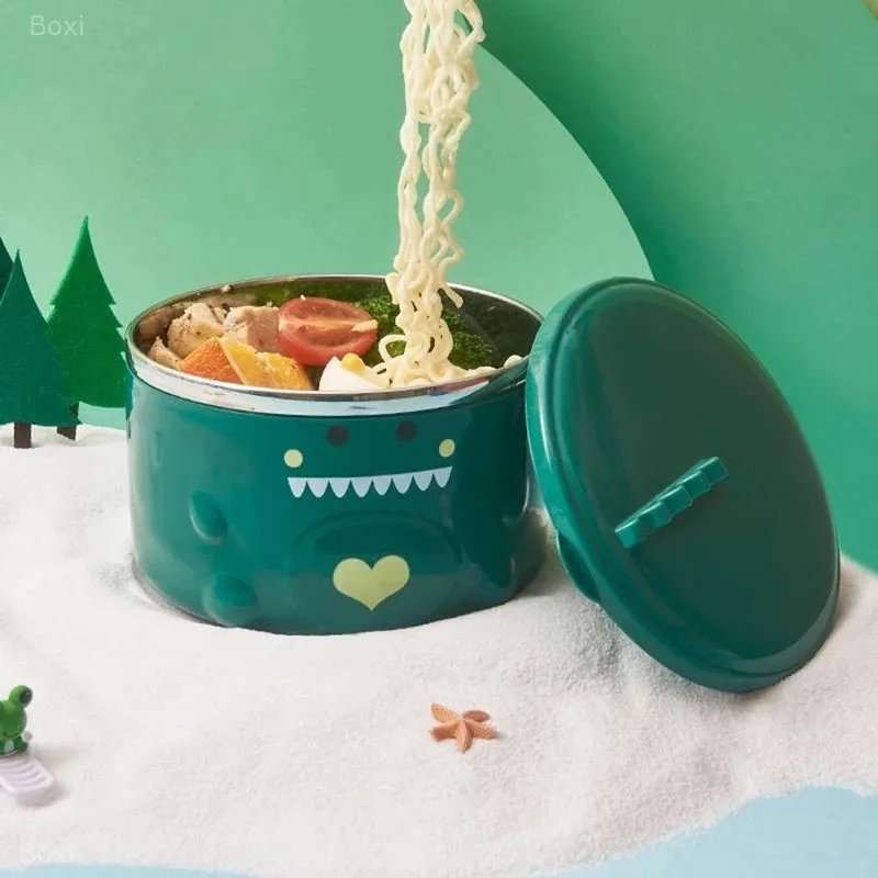 Cartoon Cute Dinosaur Instant Noodle Bowl Stainless Steel With Lid Large Fruit Salad Bowl Student Dormitory Portable Lunch Box