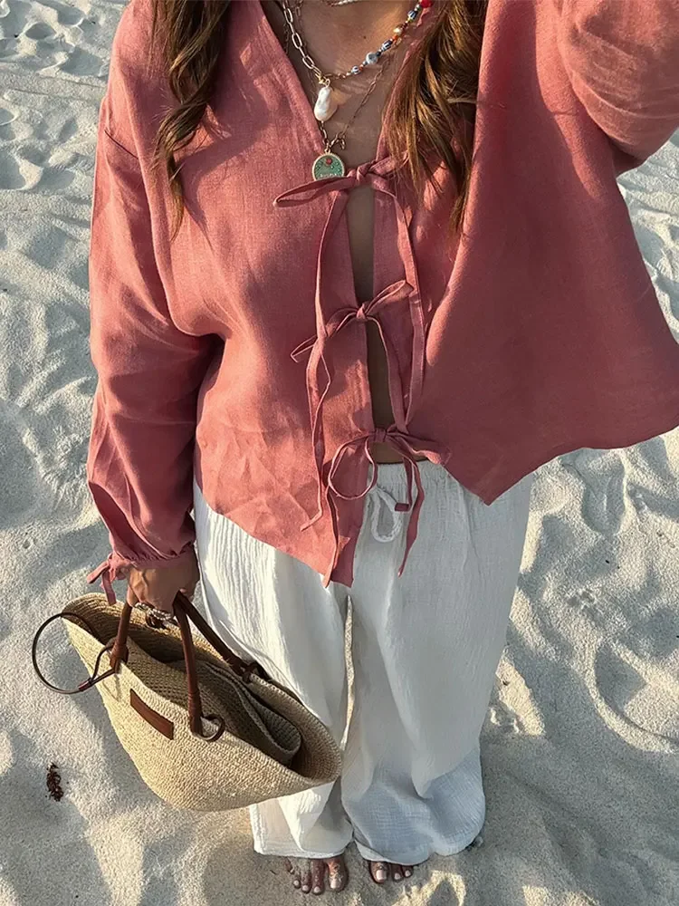 Fashion Summer Linen Bow Tied Tops For Women Fashion Solid Long Sleeve V-neck Loose Shirts 2024 New Female Beach Vacation Blouse