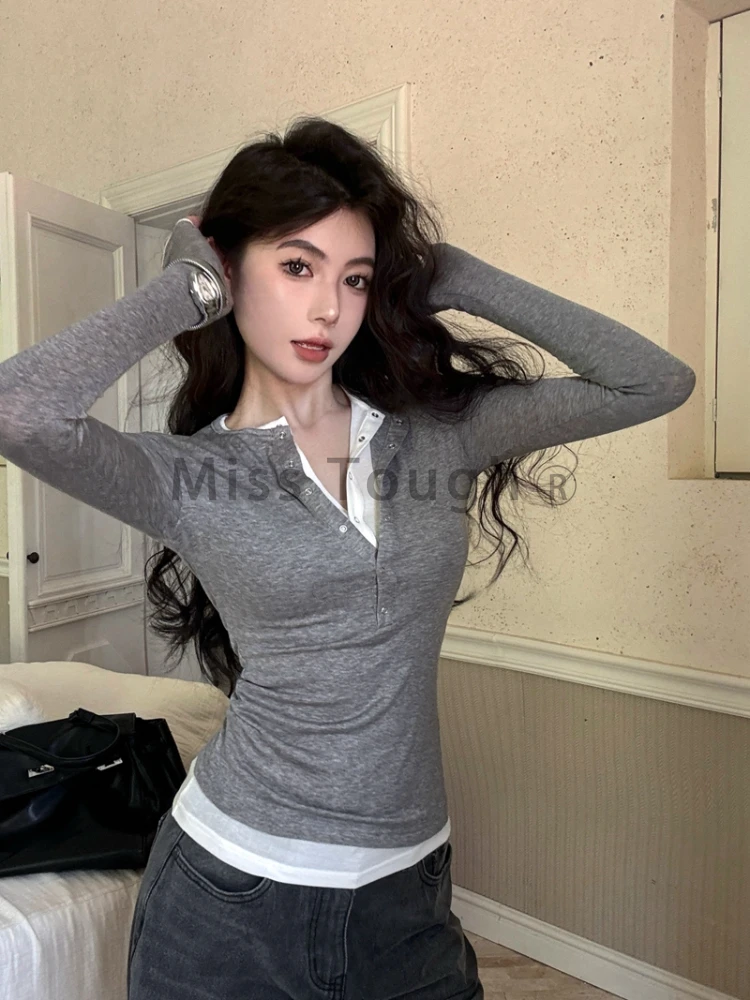 Korean Chic Design Fake Two Pieces Long Sleeves Shirt Women Autumn 2024 New Elegant All Match Slim Fit Slimming Base Tops Winter