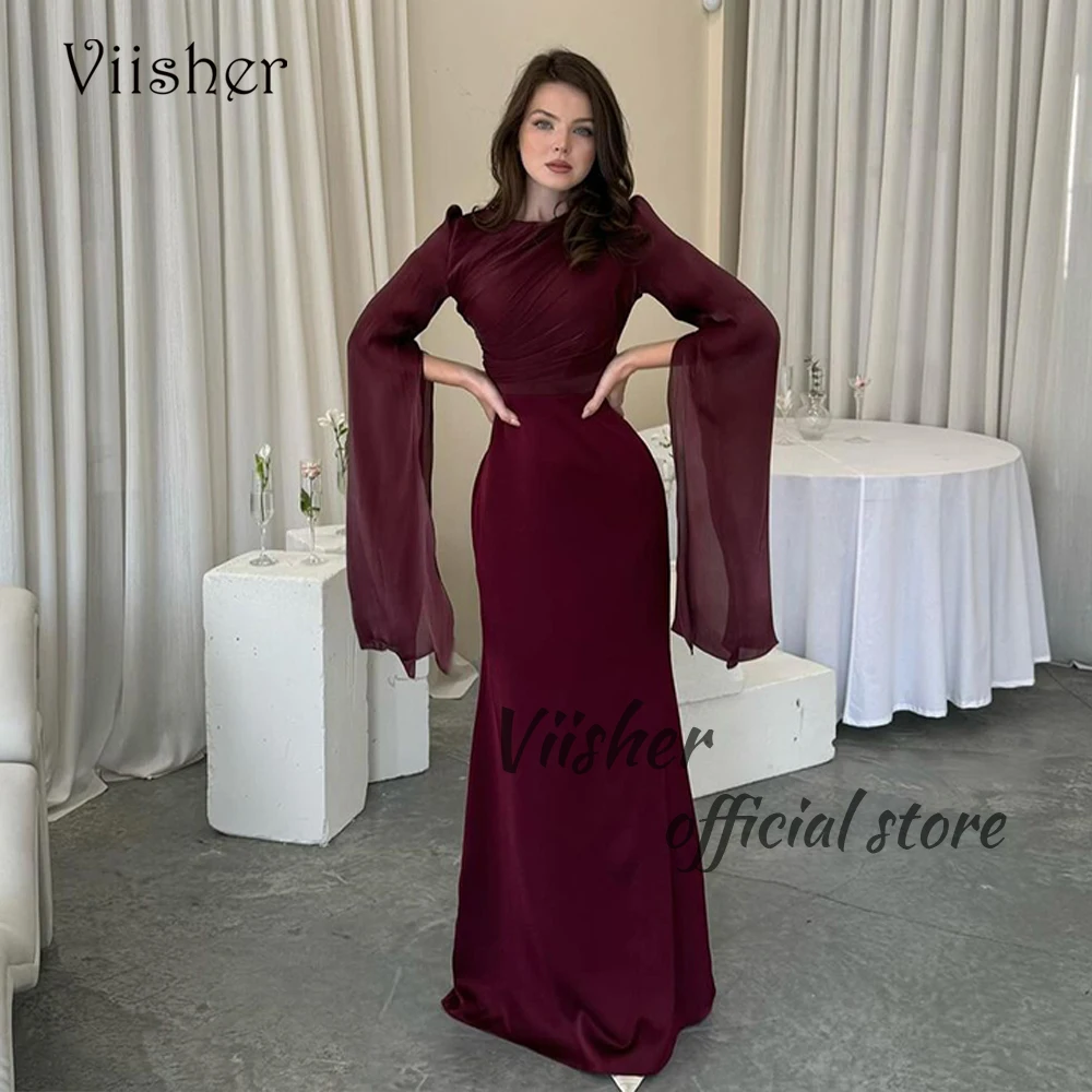 

Viisher Burgundy Mermaid Evening Prom Dresses Long Sleeve O Neck Formal Occasion Dress Floor Length Evening Party Gowns