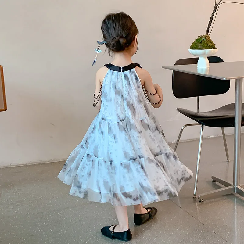 Summer 2025 children's splashed ink dress summer sleeveless girl's fairy tale princess dress student multi-layer cake skirt