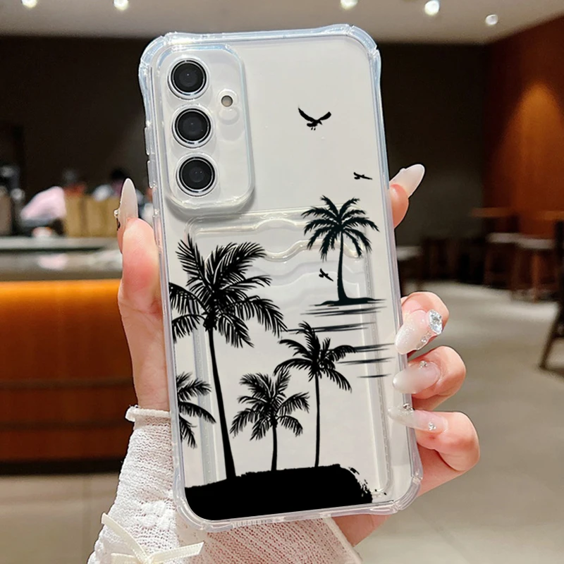 Card Slot Phone Case For Samsung Galaxy S26 S25 S24 Ultra S23 S25 FE A57 A17 A56 A55 A37 A16 A36 A54 Coconut Palm Pattern Cover