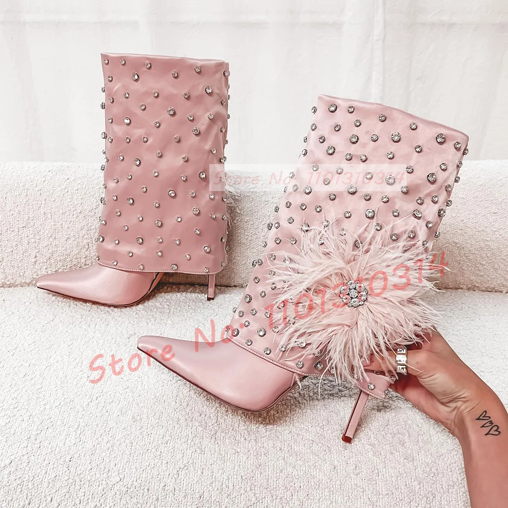 

Feather Flower Gems Mid-calf Boots In Pink Women Luxury Studded Foldover High Heels Satin Shoes Ladies Pointy Bling Party Boots