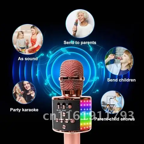 

Wireless Microphone Karaoke Microphone for Singing Microfono Children Rose Gold Microphone with Led Lights Speaker